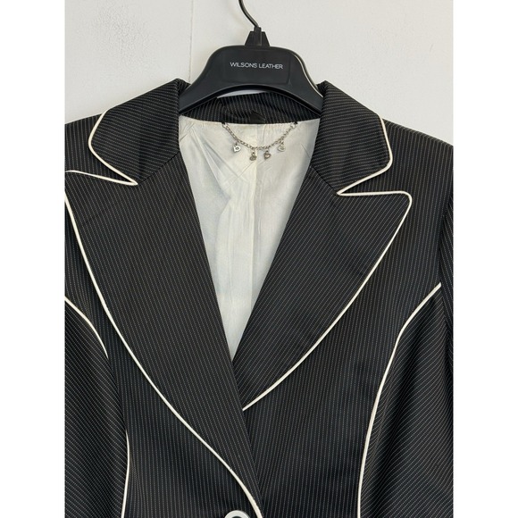 Y2K Vintage BEBE Skirt Suit Black Pinstripe Womens 10 White Piping Lined Blazer - Picture 4 of 16